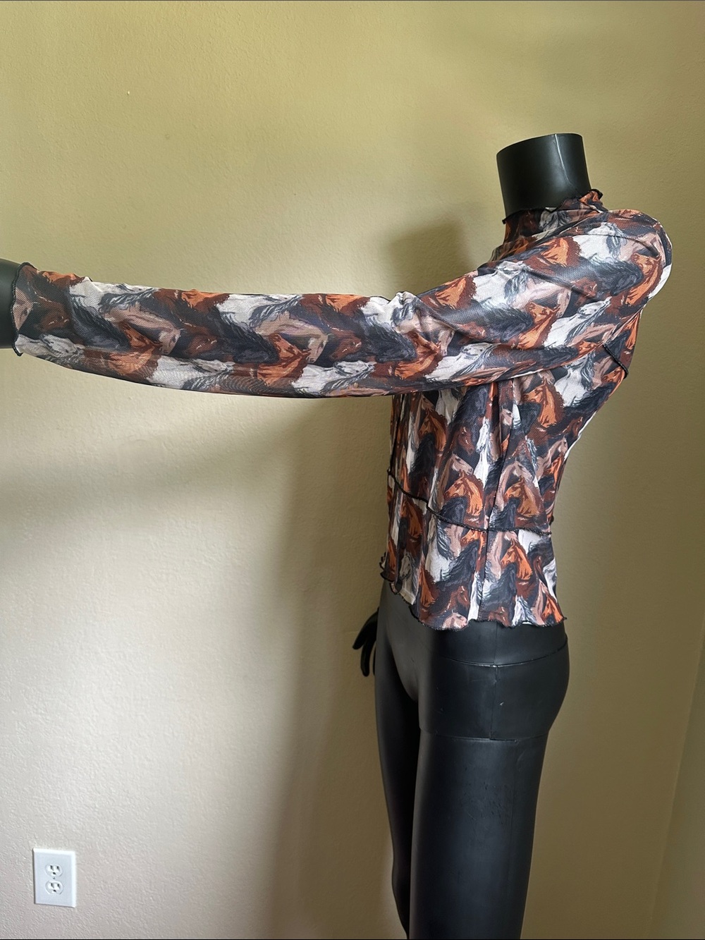 Sheer Horse-Print Long Sleeve Top - Brown/Black/White - Picture 5 of 11